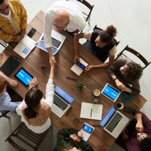 A group of people around a table.